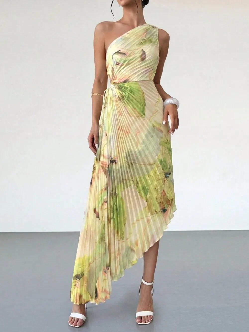 Multicolor Casual Women's Asymmetric One Shoulder Print Ruffle Dress - Picture 4 of 6